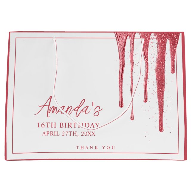 Elegant Rose Gold Glitter Drip Sweet 16 Birthday Large Gift Bag (Front)
