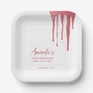 Elegant Rose Gold Glitter Drip Sweet 16 Birthday Paper Plate