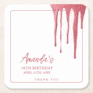 Elegant Rose Gold Glitter Drip Sweet 16 Birthday Square Paper Coaster