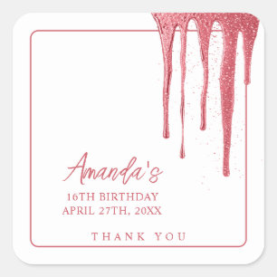 Elegant Rose Gold Glitter Drip Sweet 16 Birthday Square Sticker
