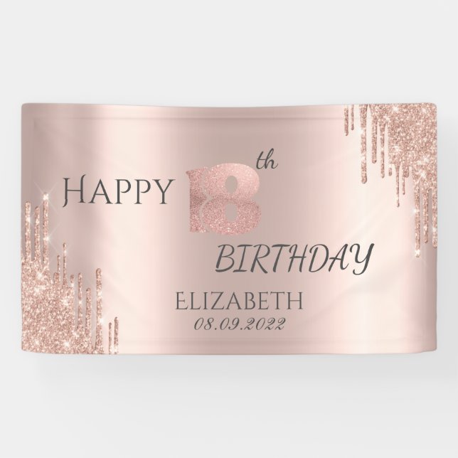 Elegant Rose Gold Glitter Drips 18th Birthday  Banner (Horizontal)