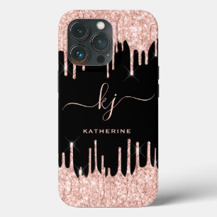 Elegant Rose Gold Glitter Drips 2 Monogram Script iPhone 13 Pro Case