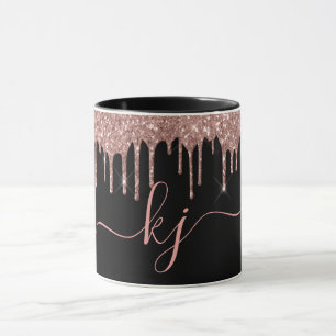 Elegant Rose Gold Glitter Drips 2 Monogram Script  Mug
