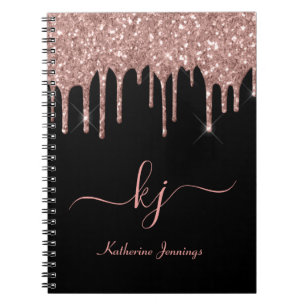 Elegant Rose Gold Glitter Drips 2 Monogram Script Notebook