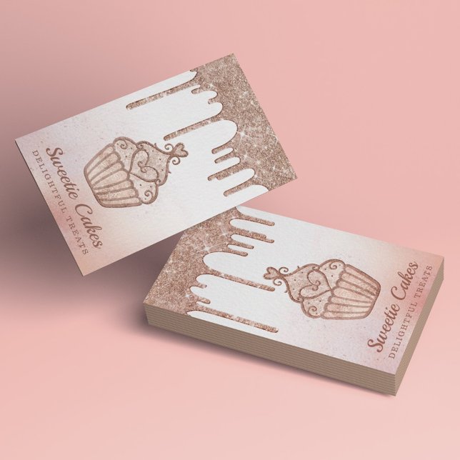 Elegant Rose Gold Glitter Drips Bakery Cupcake Business Card (Creator Uploaded)
