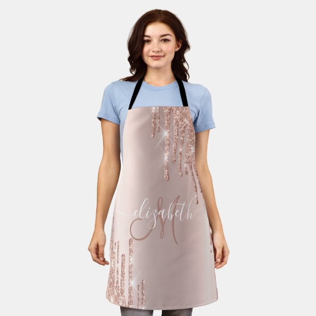 Elegant Rose Gold Glitter Drips Drops Monogram Apron (Worn)