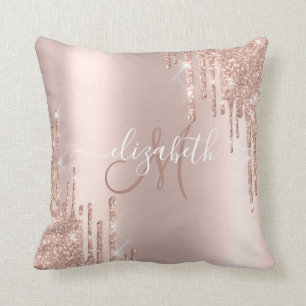 Elegant Rose Gold Glitter Drips Drops Monogram Cushion