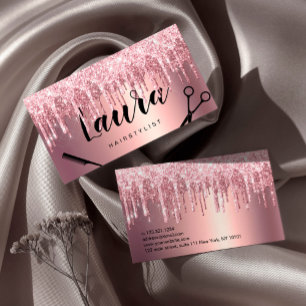 Elegant rose gold glitter drips hairstylist business card