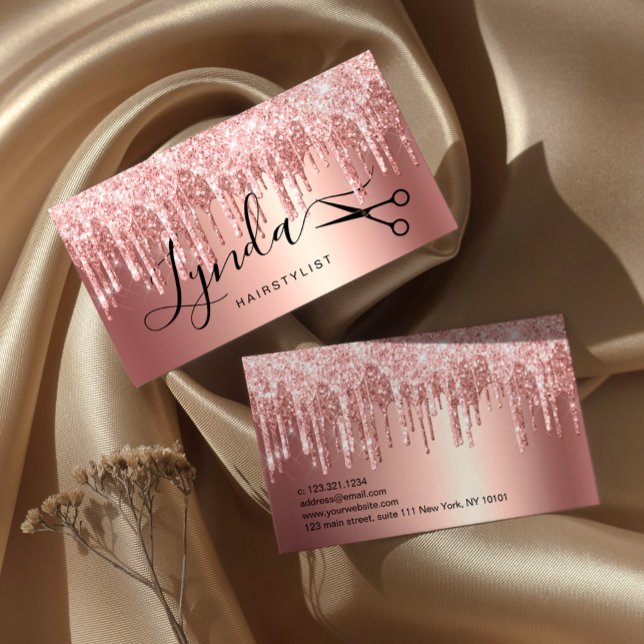 Elegant rose gold glitter drips hairstylist business card (Creator Uploaded)