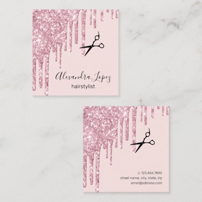 Elegant rose gold glitter drips hairstylist square business card (Front/Back)