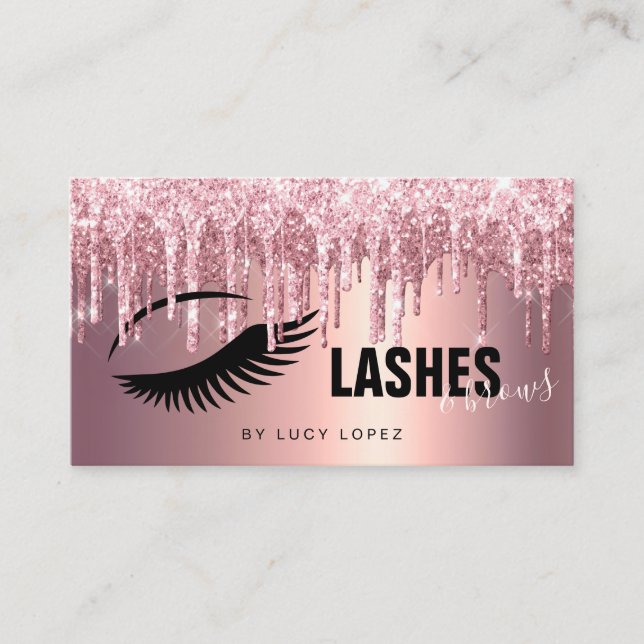 Elegant rose gold glitter drips lashes & brows  business card (Front)