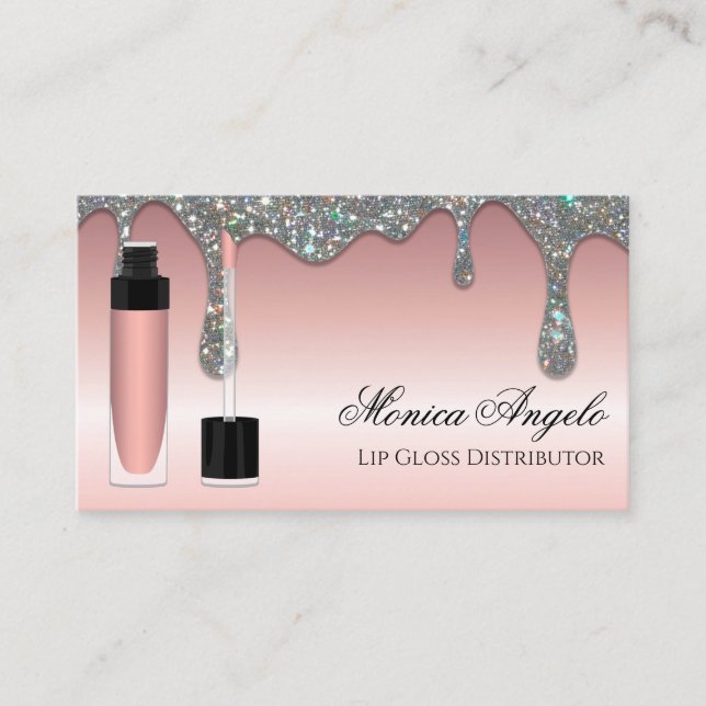 Elegant Rose Gold Glitter Drips Lip Gloss Themed Business Card (Front)