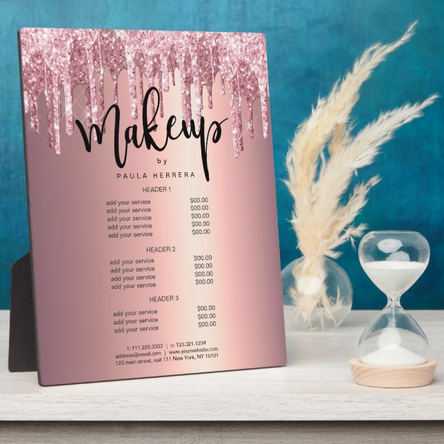 Elegant rose gold glitter drips makeup services plaque (Side)