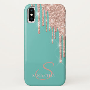 Elegant Rose Gold Glitter Drips Mint Green iPhone X Case