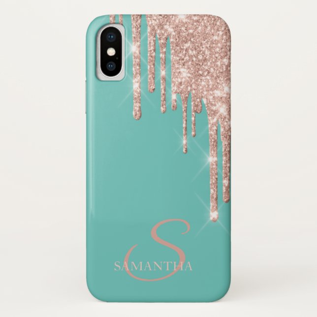 Elegant Rose Gold Glitter Drips Mint Green Case-Mate iPhone Case (Back)