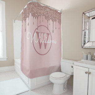 Elegant Rose Gold Glitter Drips Monogram Script Shower Curtain