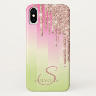 Elegant Rose Gold Glitter Drips Ombre Striped iPhone X Case
