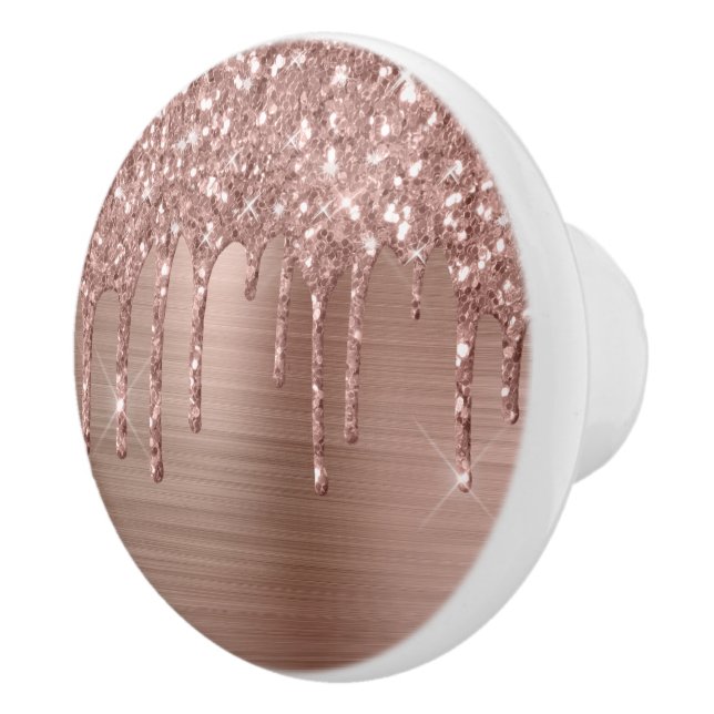 Elegant Rose Gold Glitter Drips on Pink Metal Ceramic Knob (Right)