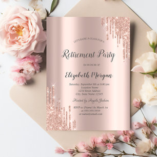Elegant Rose Gold Glitter Drips Retirement Invitation