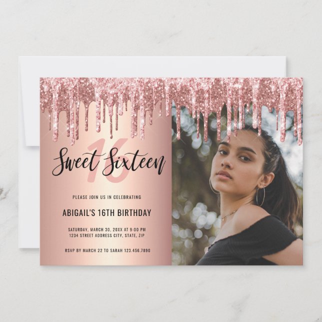 Elegant rose gold glitter drips sweet sixteen  invitation (Front)