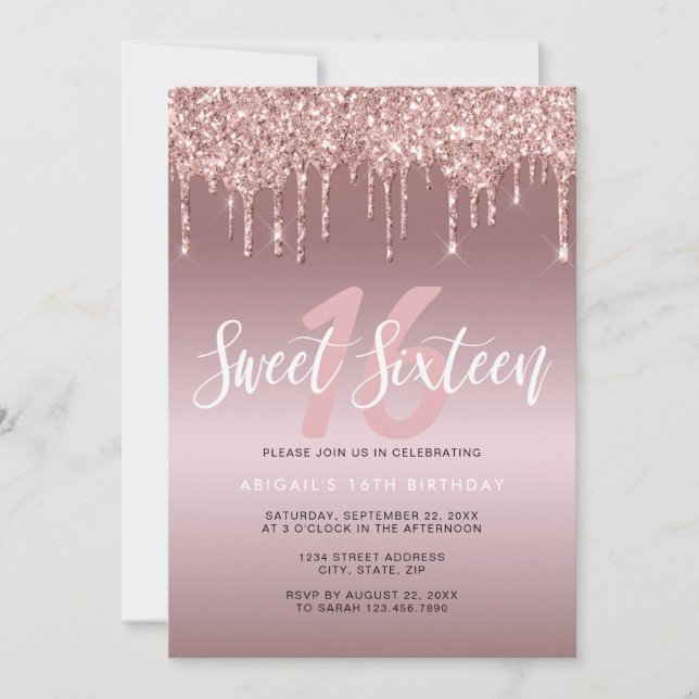 Elegant rose gold glitter drips sweet sixteen invitation (Front)