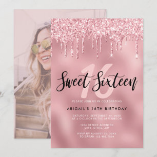 Elegant rose gold glitter drips sweet sixteen invitation