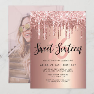 Elegant rose gold glitter drips sweet sixteen invitation