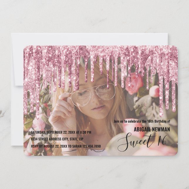 Elegant rose gold glitter drips sweet sixteen invitation (Front)