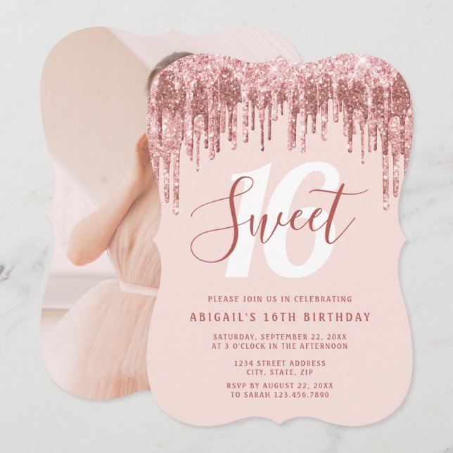 Elegant rose gold glitter drips sweet sixteen  invitation (Front/Back)