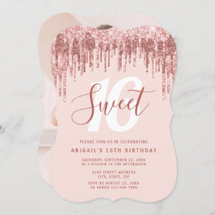 Elegant rose gold glitter drips sweet sixteen invitation