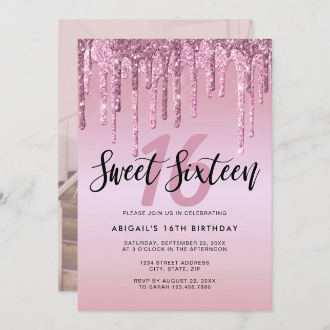 Elegant rose gold glitter drips sweet sixteen invitation (Front/Back)