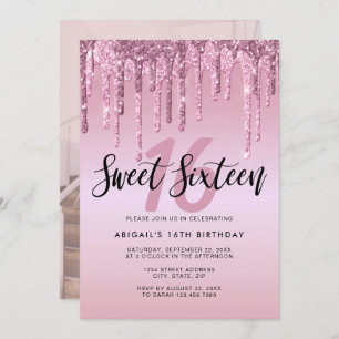 Elegant rose gold glitter drips sweet sixteen invitation