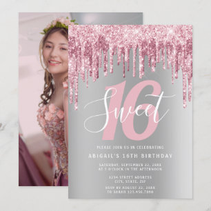 Elegant rose gold glitter drips sweet sixteen invitation