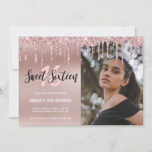 Elegant rose gold glitter drips sweet sixteen invitation