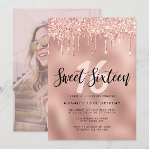 Elegant rose gold glitter drips sweet sixteen invitation