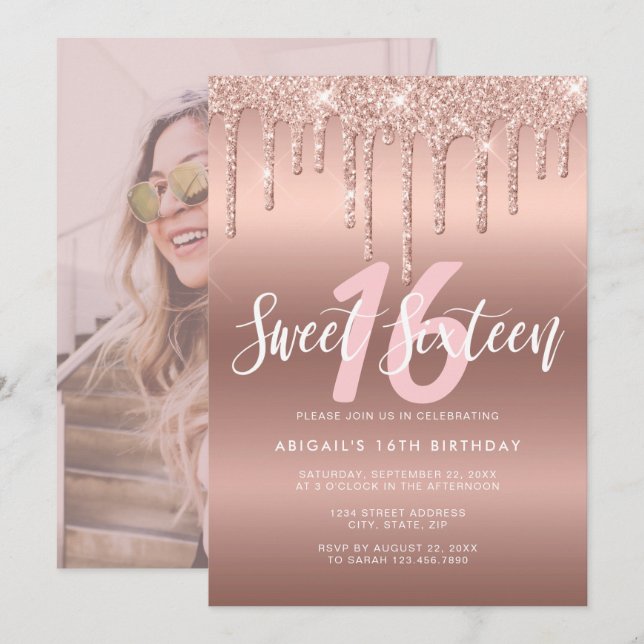Elegant rose gold glitter drips sweet sixteen invitation (Front/Back)