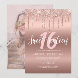 Elegant rose gold glitter drips sweet sixteen invitation