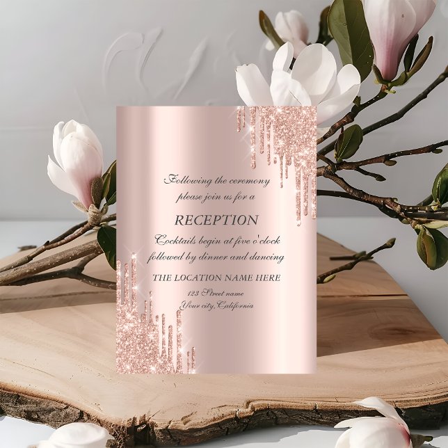 Elegant Rose Gold Glitter Drips Wedding Reception Invitation (Creator Uploaded)