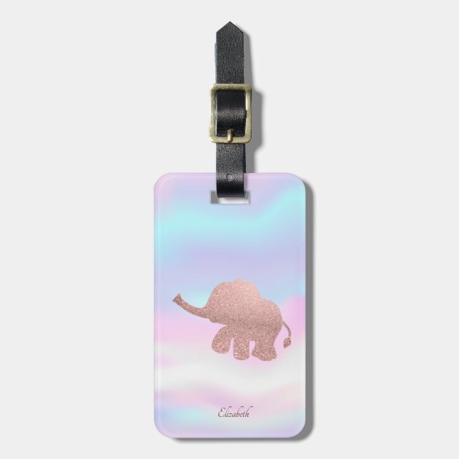 Elegant Rose Gold Glitter Elephant Holographic Luggage Tag (Front Vertical)