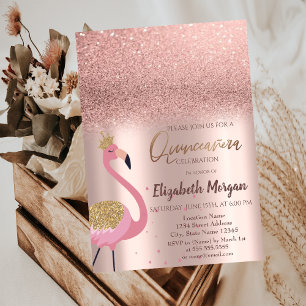 Elegant Rose Gold Glitter, Flamingo Quinceañera In Invitation