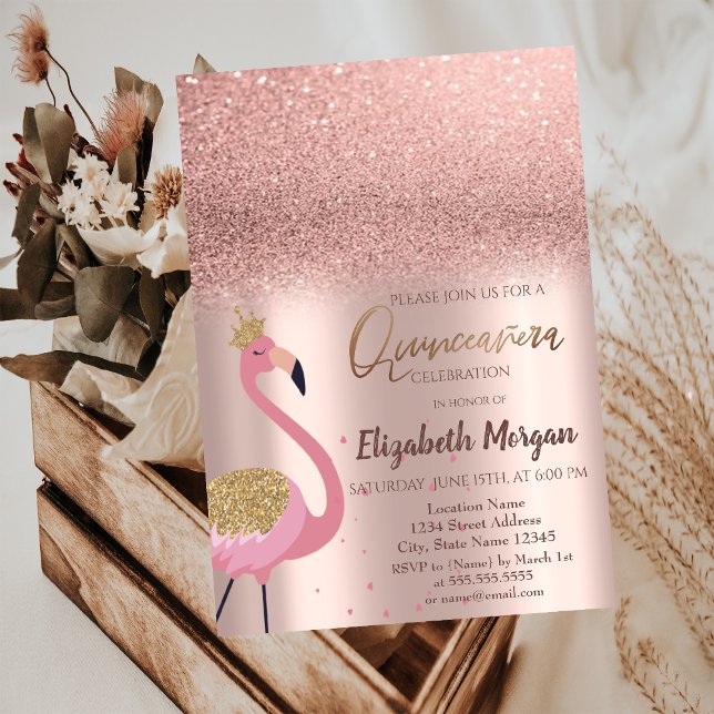 Elegant Rose Gold Glitter, Flamingo Quinceañera In Invitation (Creator Uploaded)