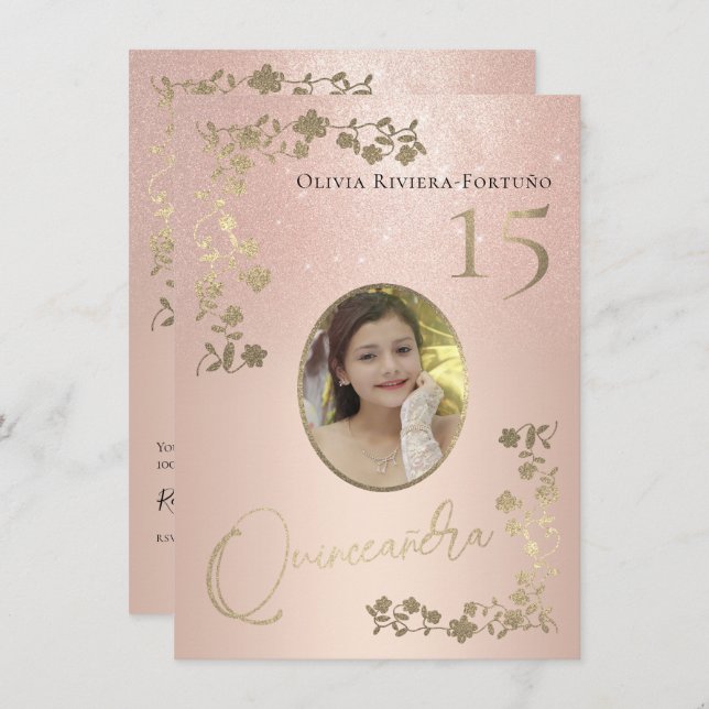 Elegant Rose Gold Glitter Floral Photo Quinceanera Invitation (Front/Back)