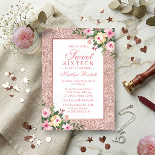 Elegant Rose Gold Glitter Floral Sweet 16 Birthday Invitation