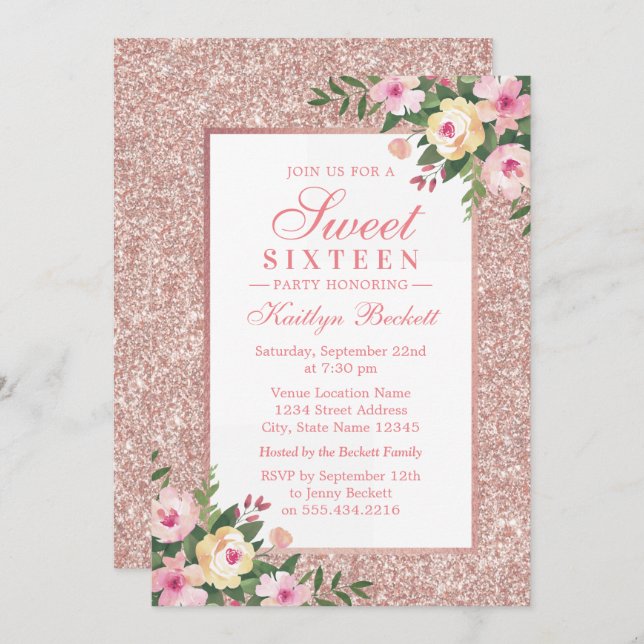 Elegant Rose Gold Glitter Floral Sweet 16 Birthday Invitation (Front/Back)