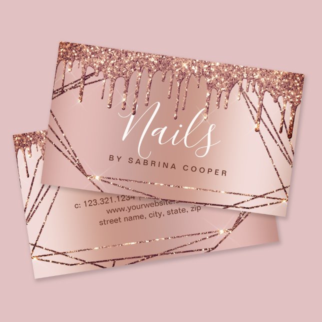 Elegant rose gold glitter frame metallic nails business card (Creator Uploaded)