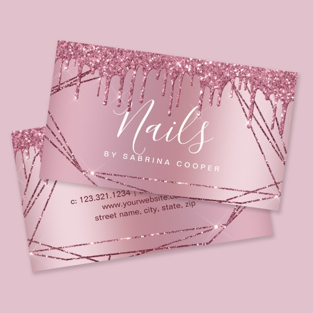 Elegant rose gold glitter frame metallic nails business card (Creator Uploaded)