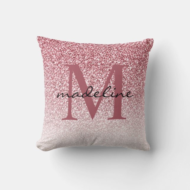 Elegant Rose Gold Glitter Girly Monogram Cushion (Front)
