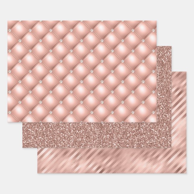 Elegant Rose Gold Glitter Glam Patterns Wrapping Paper Sheet (Set)