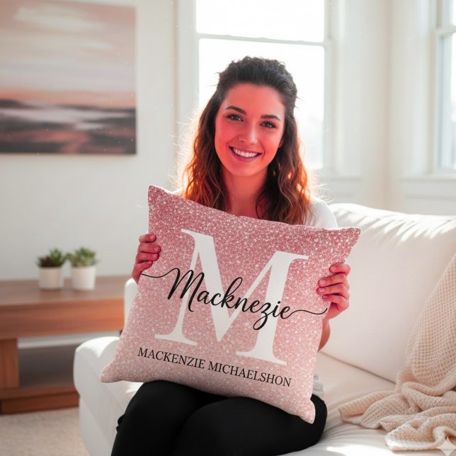 Elegant Rose Gold Glitter Gradient Monogram Name Cushion (Creator Uploaded)
