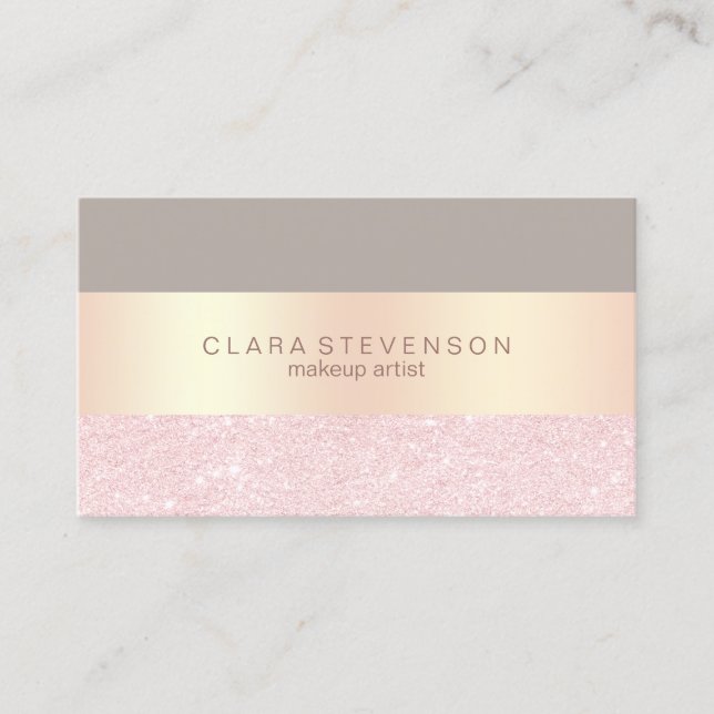 Elegant rose gold glitter & grey makeup artist business card (Front)